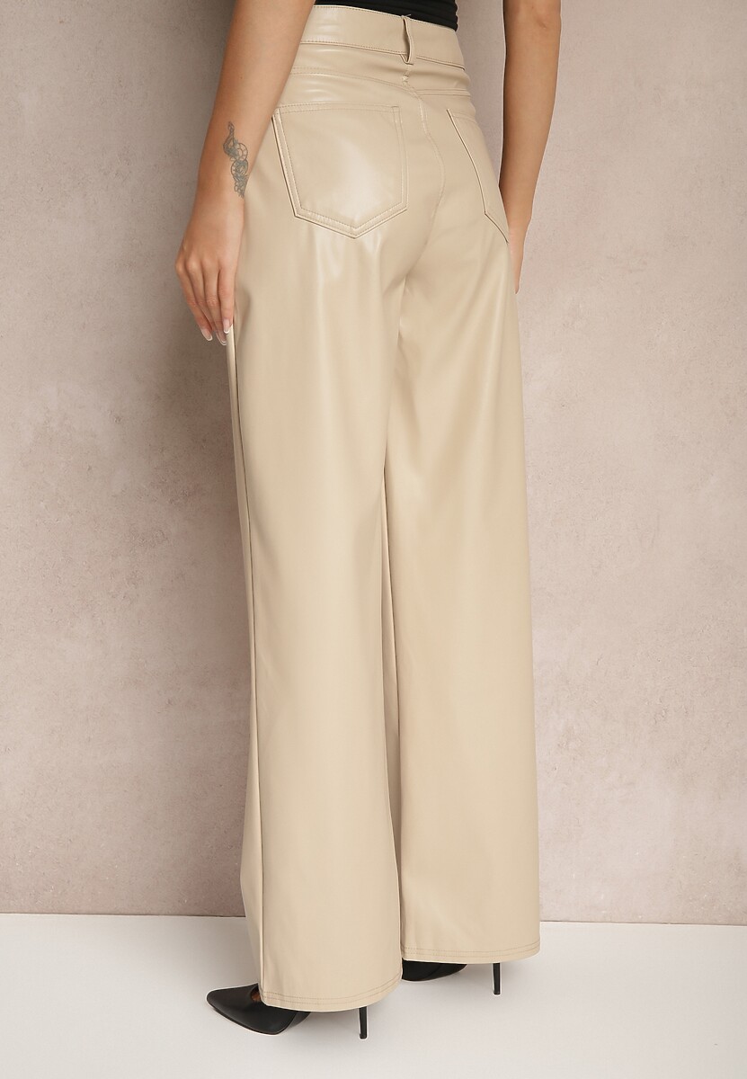 Beżowe Szerokie Spodnie High Waist z Imitacji Skóry Enawinn