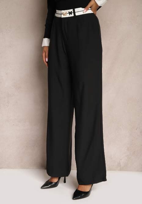 Czarne Spodnie o Szerokim Kroju High Waist Wykończone Lamówką Verillia