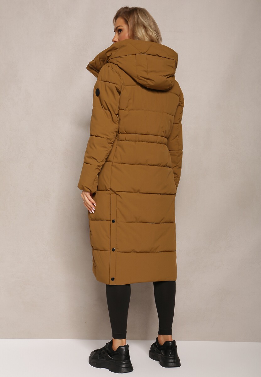 Brązowa Długa Kurtka Pikowana Płaszcz Mocno Ocieplona z Nieodpinanym Kapturem Naliope