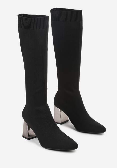 Czarne Eleganckie Kozaki VICES na Metalicznym Obcasie ze Skarpetkową Cholewką Nalaina