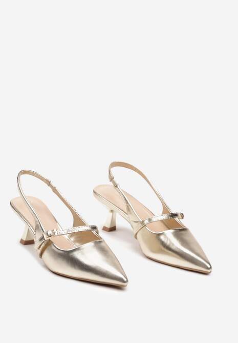 Złote Sandały z Odkrytą Piętą na Obcasie Kaczuszka Zapinane na Sprzączkę Alluana