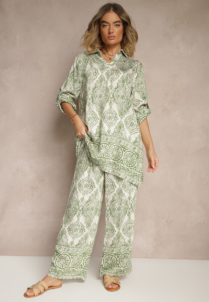 Zielony Komplet z Wiskozą o Kroju Oversize Koszula i Spodnie Nilarithia
