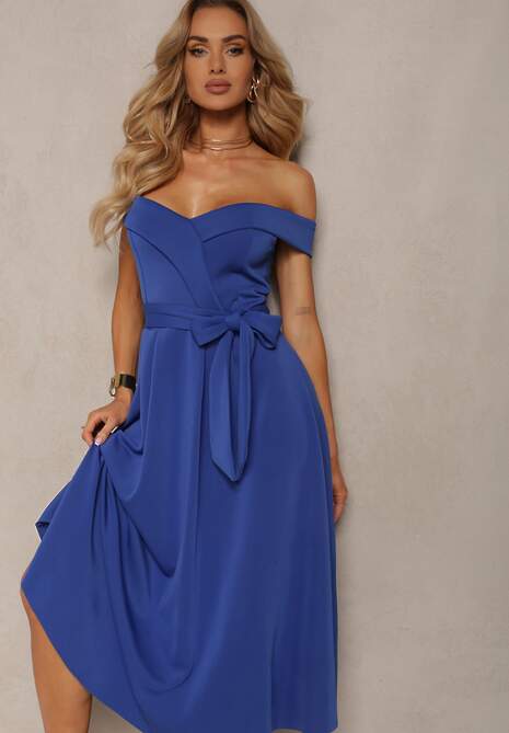 Granatowa Sukienka Wieczorowa Hiszpanka z Materiałowym Paskiem Yellia