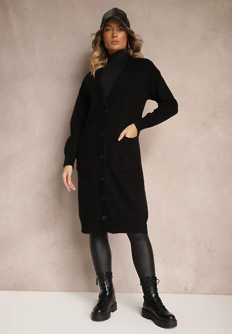 Czarny Casualowy Kardigan na Guziki z Wełną i Bawełną o Długim Kroju Vamini