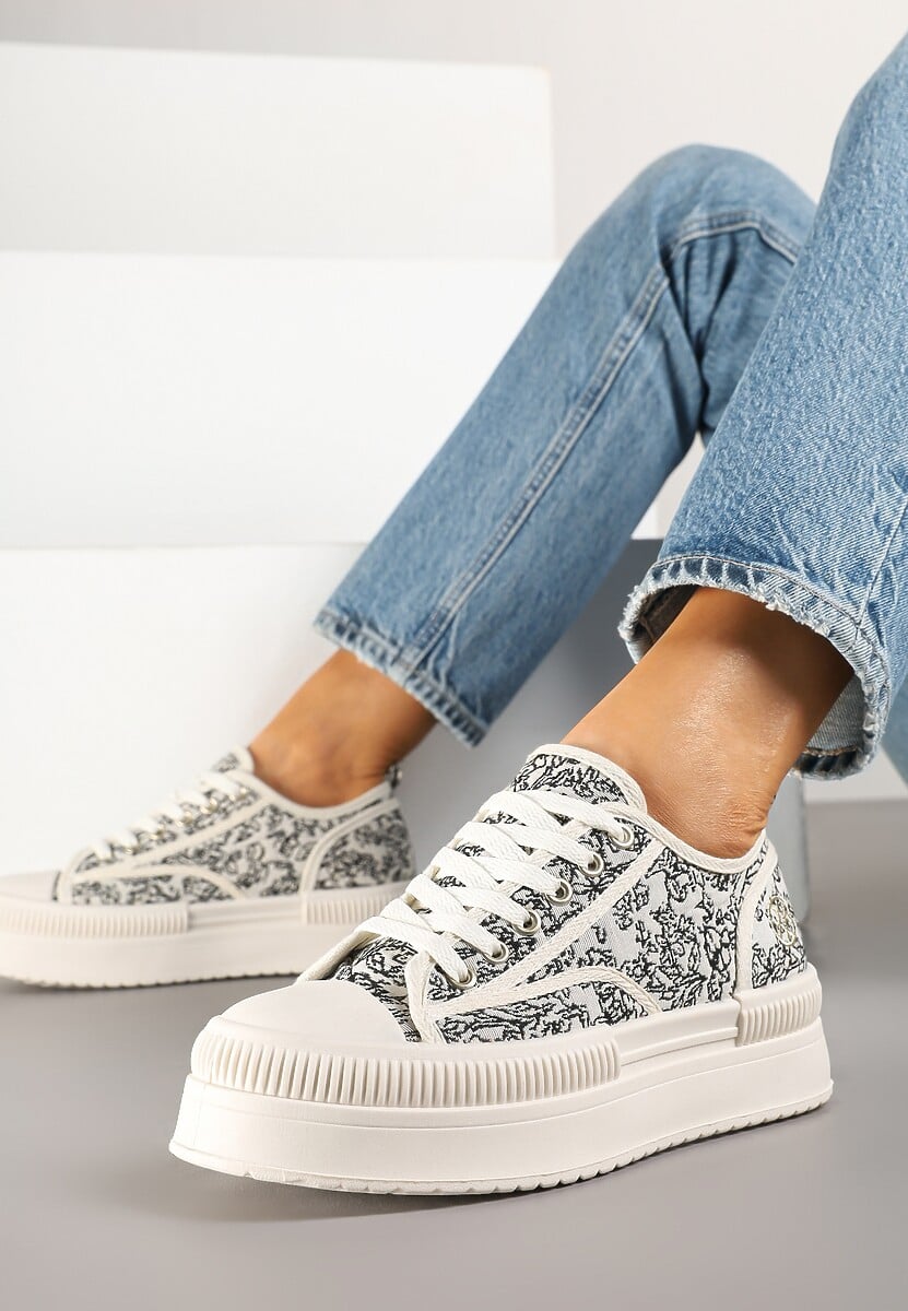 Czarno-Beżowe Trampki na Platformie z Abstrakcyjnym Wzorem Wulinea