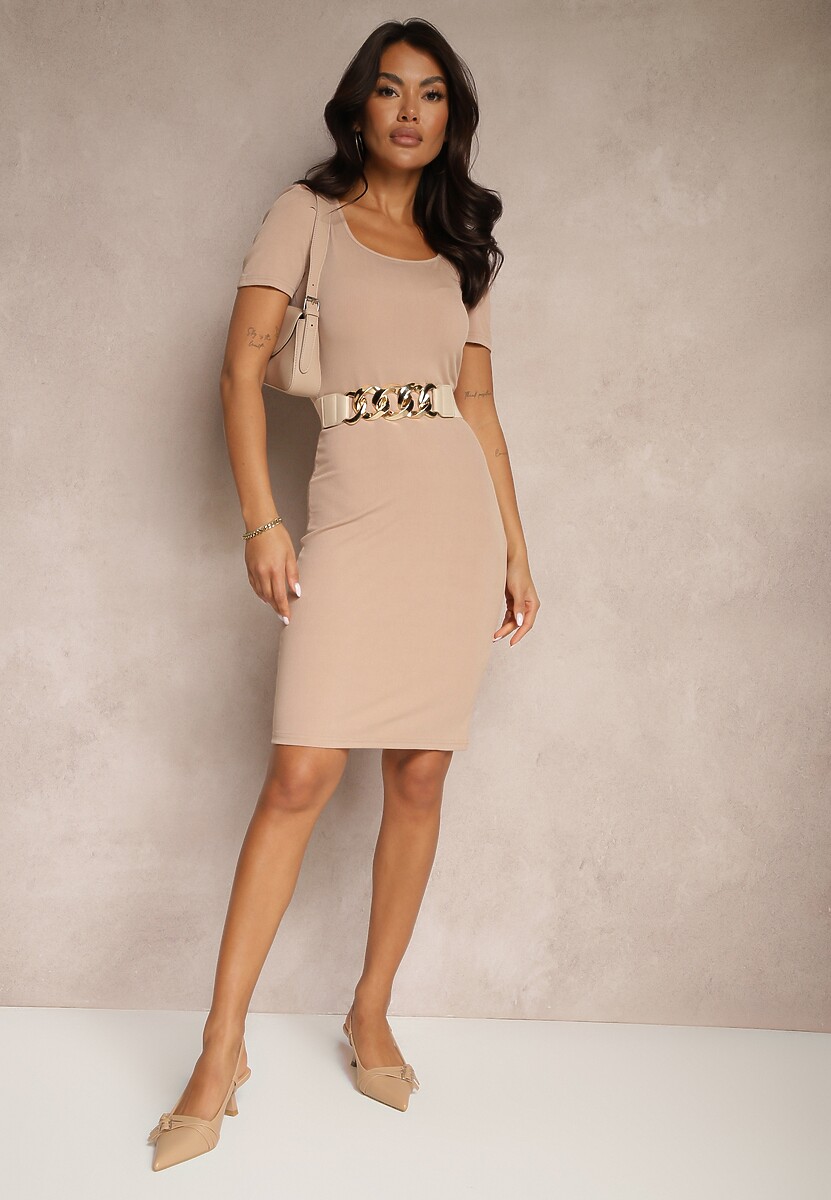 Beżowa Dopasowana Sukienka Ozdobiona Bufiastymi Rękawami Arandelia