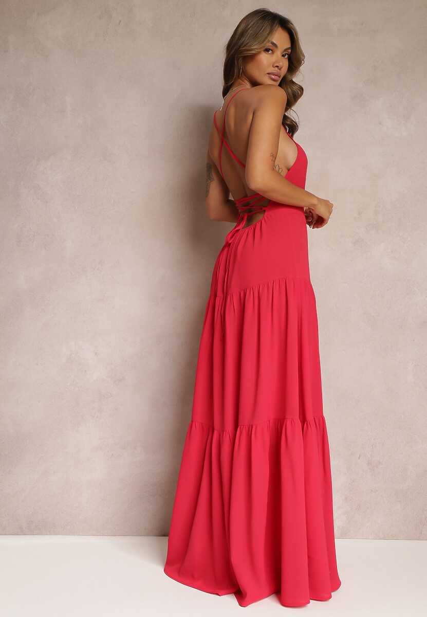 Biała Rozkloszowana Maxi Sukienka z Falbankami i Wiązaniem na Tyle Karins