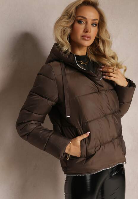 Brązowa Pikowana Kurtka Płaszcz z Kapturem i Regulowaną Długością Tirilele