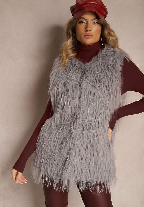 Szara Futerkowa Kamizelka o Prostym Kroju z Kieszeniami Venialith