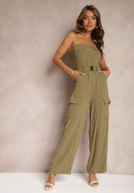 Ciemnozielony Taliowany Kombinezon z Wiskozą i Lnem Rosefia