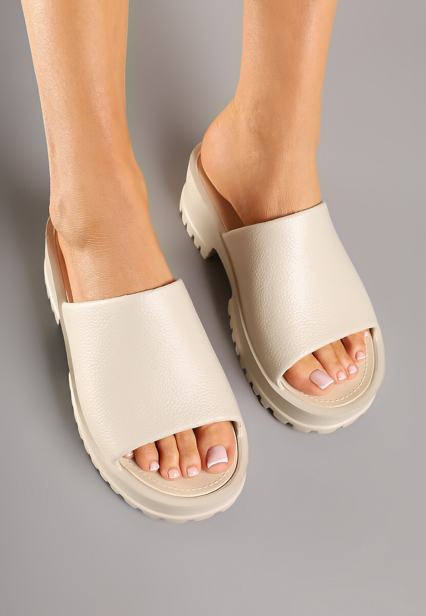 Beżowe Klapki na Platformie i Słupku z Tłoczeniem Nimiorelle