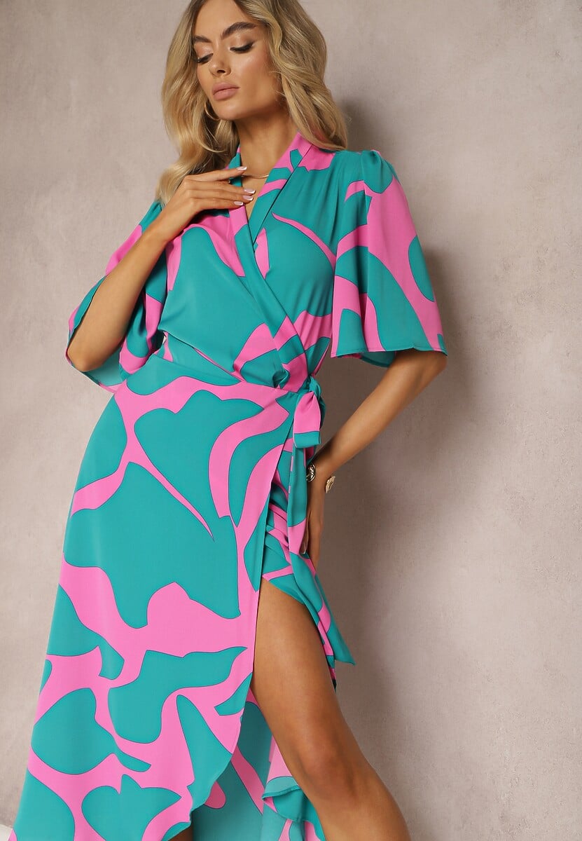 Niebiesko-Różowa Sukienka o Kopertowym Fasonie z Wiązaniem w Talii Uzilena