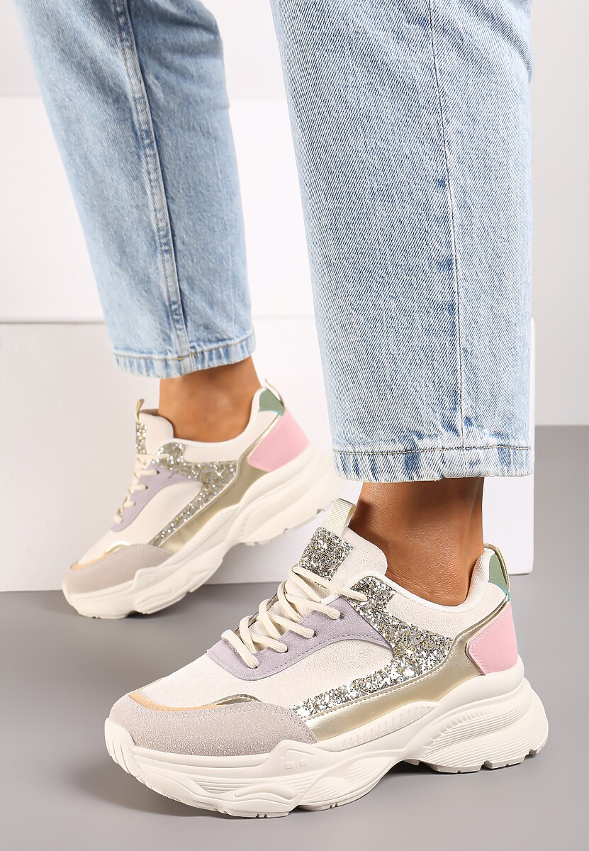 Beżowo-Różowe Sneakersy na Platformie z Tłoczeniem Ozdobione Cekinami Narisae