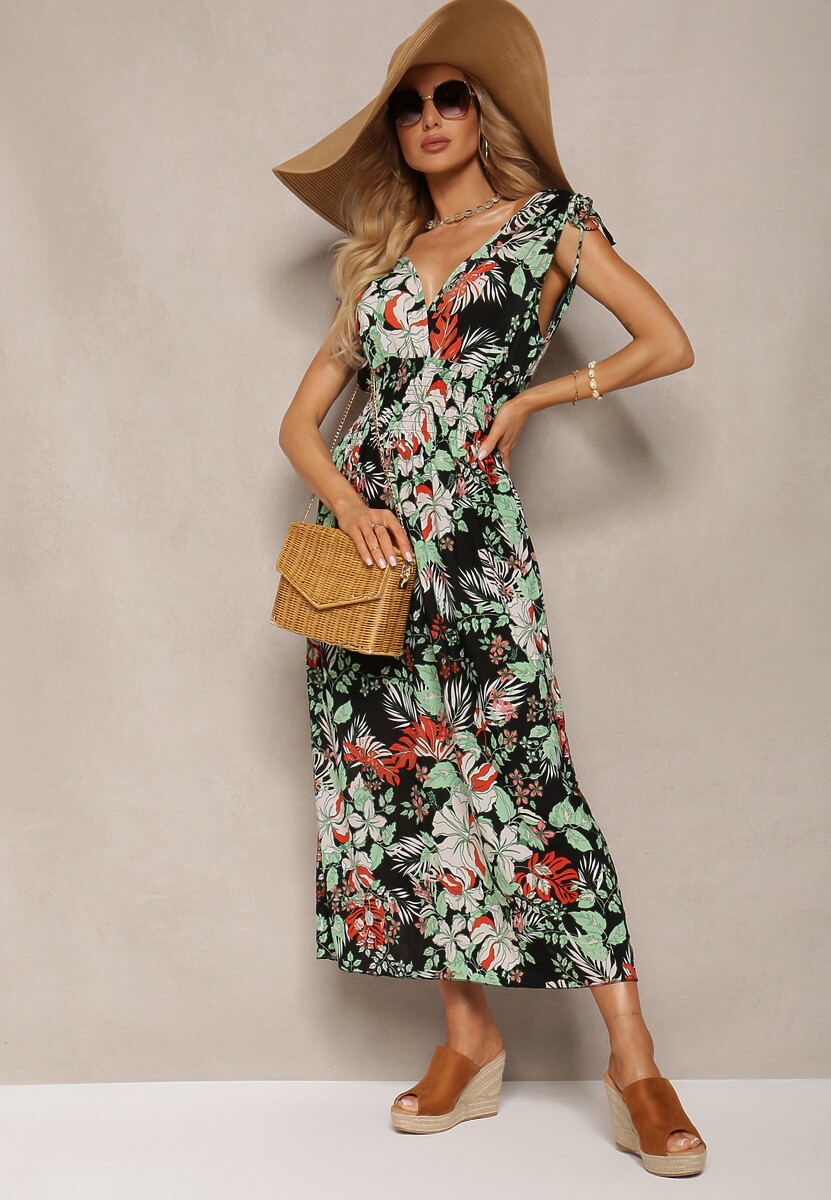 Czarno-Zielona Kwiecista Sukienka z Gumką w Talii i Trójkątnym Dekoltem Vialessia