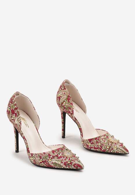 Czerwone Szpilki z Noskiem w Szpic z Oryginalnym Wzorem z Cyrkoniami i Nitami Alfiratte