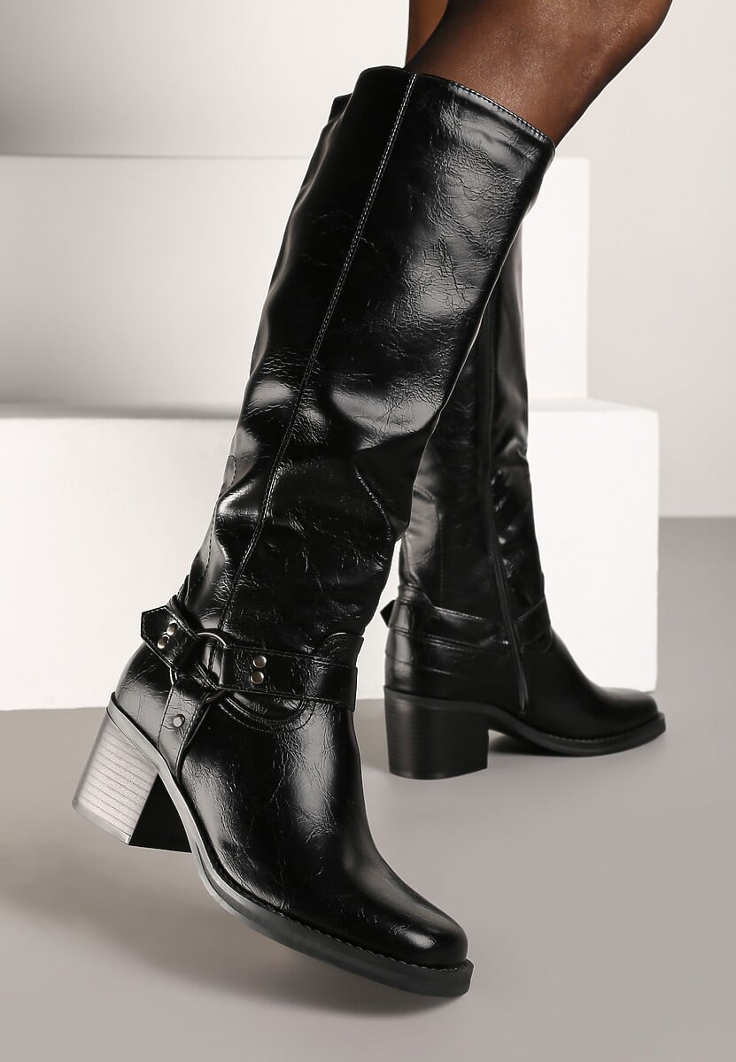 Czarne Kozaki na Obcasie w Stylu Bikerów z Okrągłą Klamrą Eziella