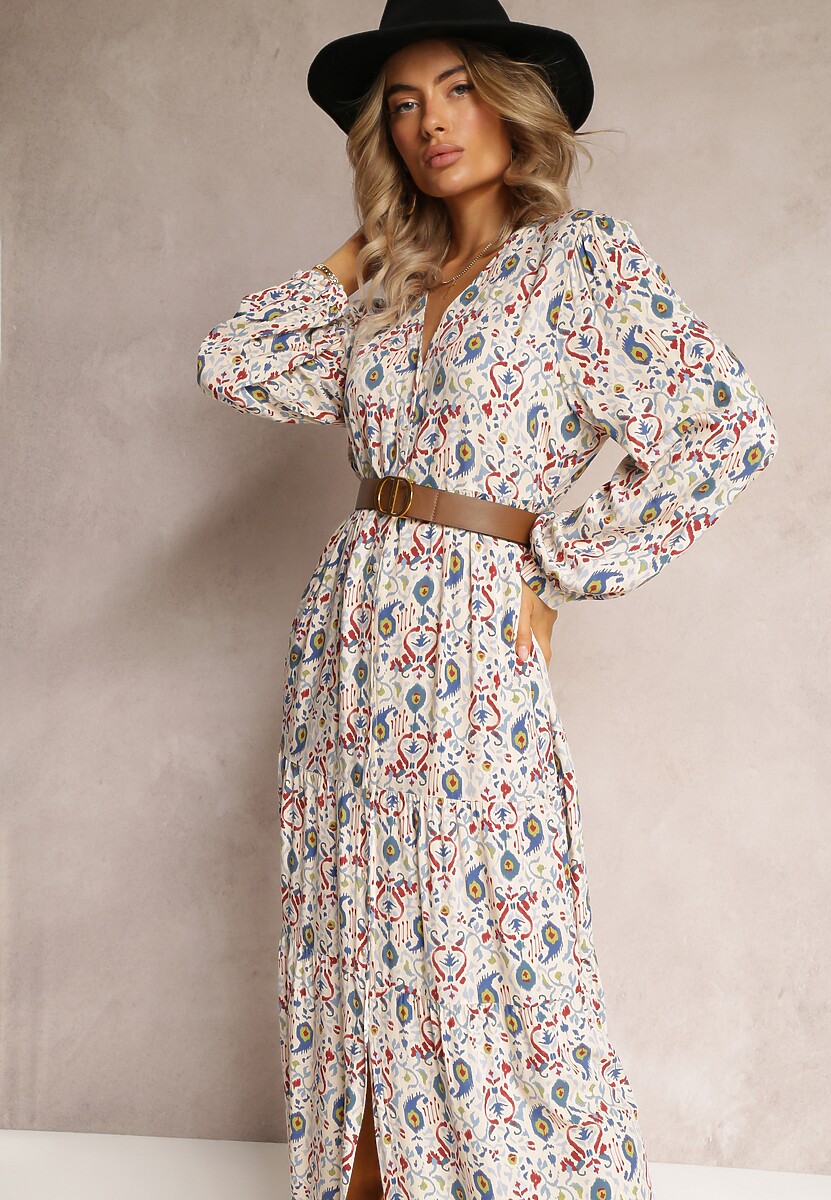 Jasnobeżowa Rozkloszowana Sukienka Koszulowa w Kwiaty Leathy