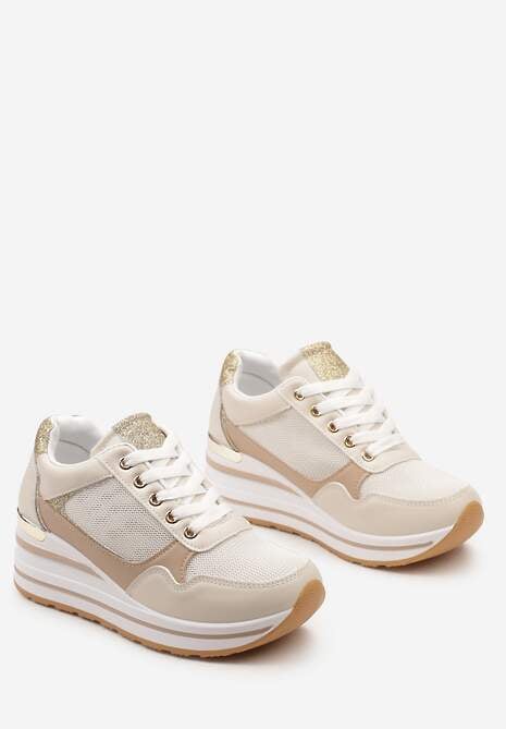 Beżowe Sneakersy na Niskiej Platformie ze Wstawkami Brokatowymi Gwenoa
