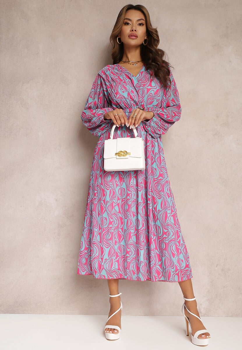 Niebieska Plisowana Sukienka Maxi z Gumką w Pasie i Materiałowym Paskiem Yuritza