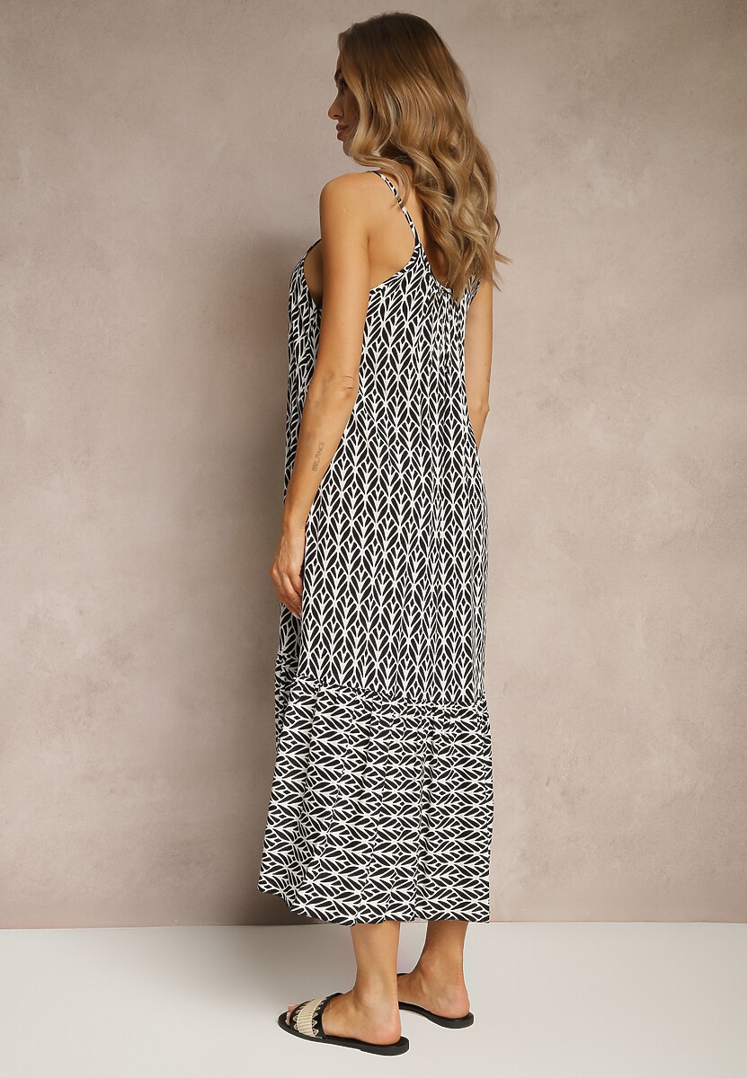 Czarna Sukienka z Bawełny Ozdobiona Geometrycznym Motywem Nilavionea