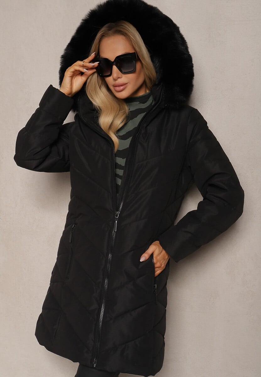 Ciemnobeżowa Długa Kurtka z Pikowanym Wzorem i Odpinanym Futerkiem Raishae