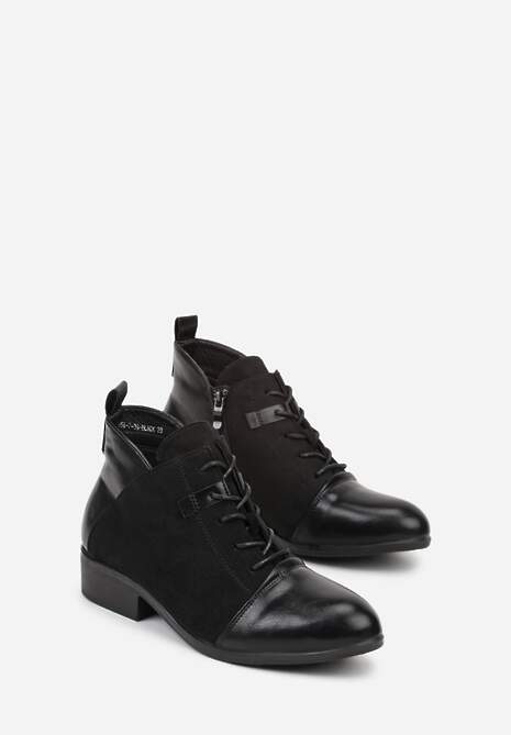 Czarne Sznurowane Botki na Płaskiej Podeszwie Ozdobione Rivianne