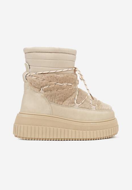 Ciemnobeżowe Śniegowce na Platformie z Tłoczeniem Ozdobione Futerkiem i Pikowaniem Adallie