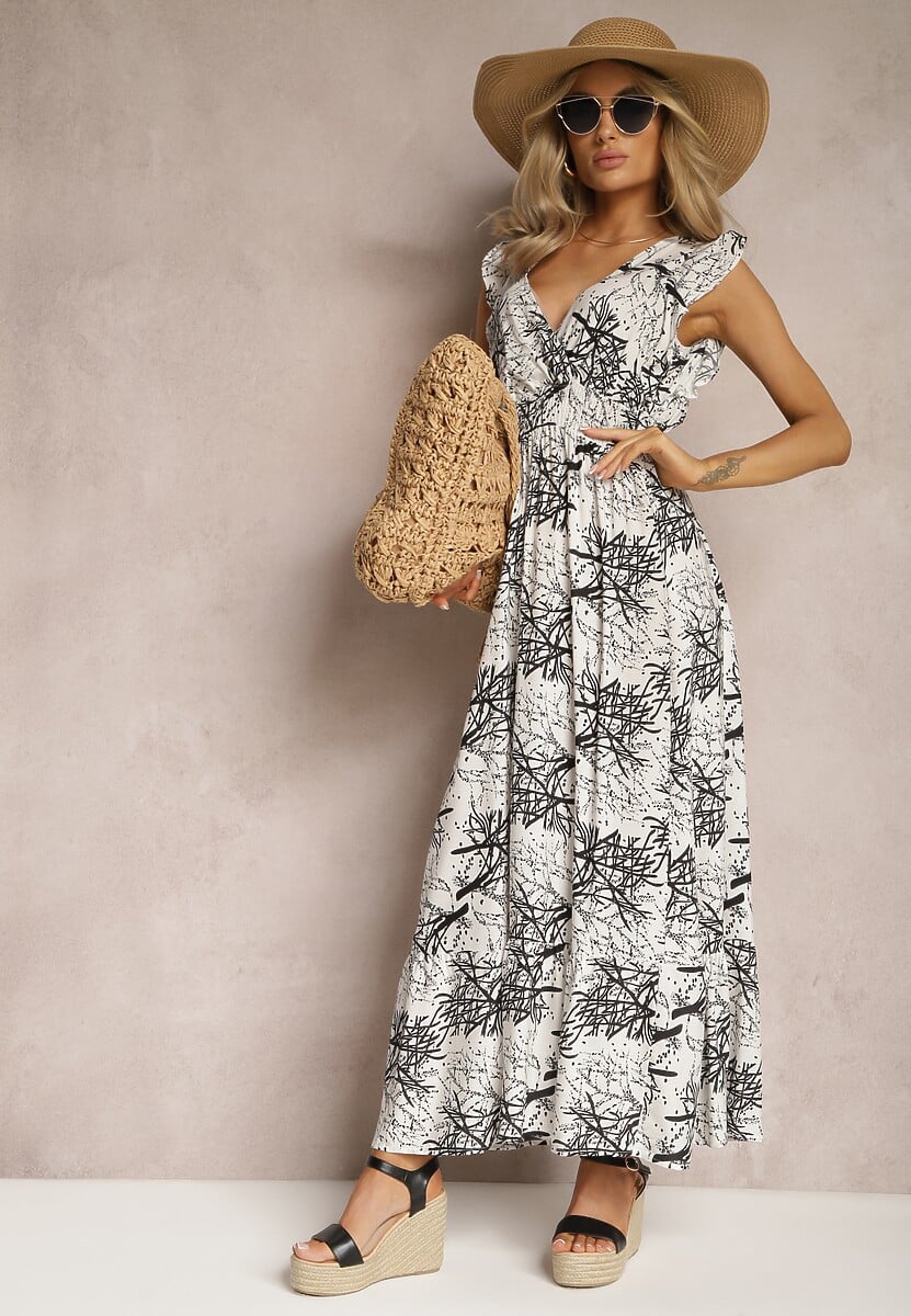 Biała Rozkloszowana Sukienka z Wiskozy Maxi z Kopertowym Dekoltem Luksia