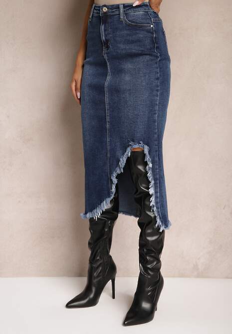 Granatowa Spódnica Jeansowa Midi z Wystrzępionym Rozcięciem Catreena
