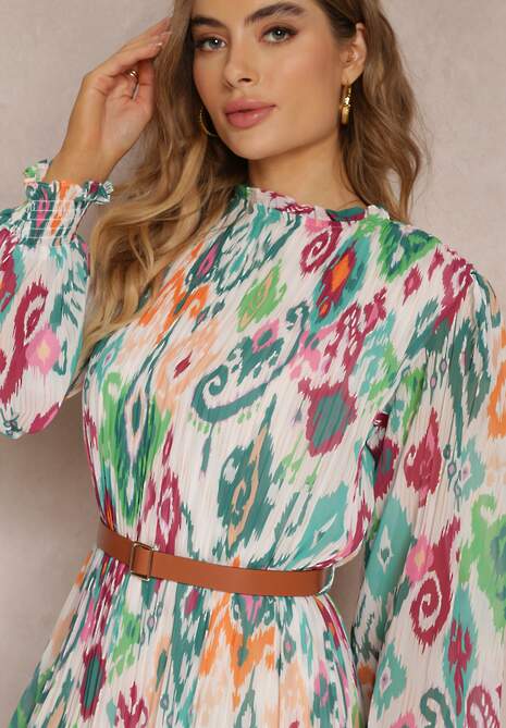 Zielona Rozkloszowana Sukienka z Plisowaniem i Paskiem Thelosine