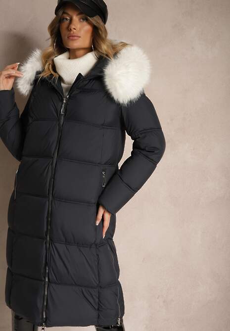 Granatowa Długa Pikowana Kurtka z Kapturem i Odpinanym Futerkiem Edariel