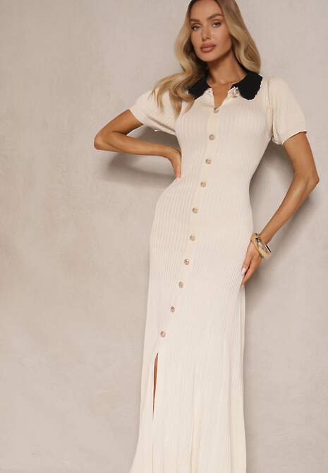 Jasnobeżowa Wiskozowa Sukienka Rozkloszowana Retro z Guzikami i Kołnierzem Ardival