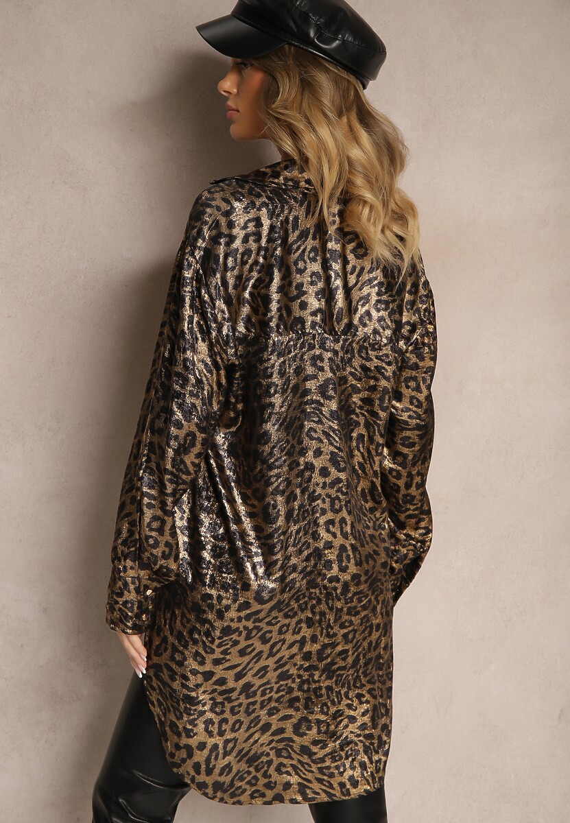 Czarno-Złota Koszula w Metaliczny Panterkowy Wzór o Luźnym Kroju ze Stójką i Dłuższym Tyłem Tinnista