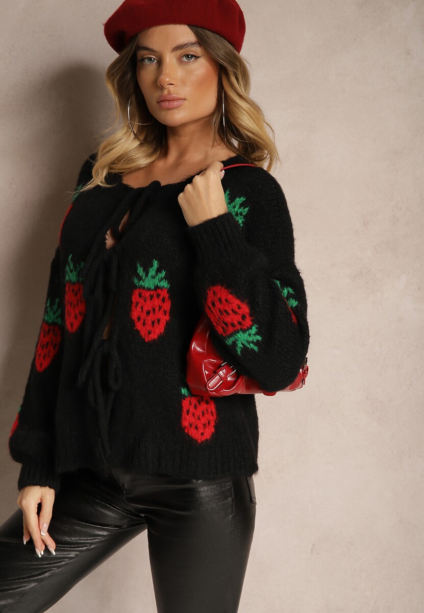 Czarny Wiązany Kardigan z Wełną i Wiskozą z Ozdobnym Wzorem z Truskawkami Cesirae