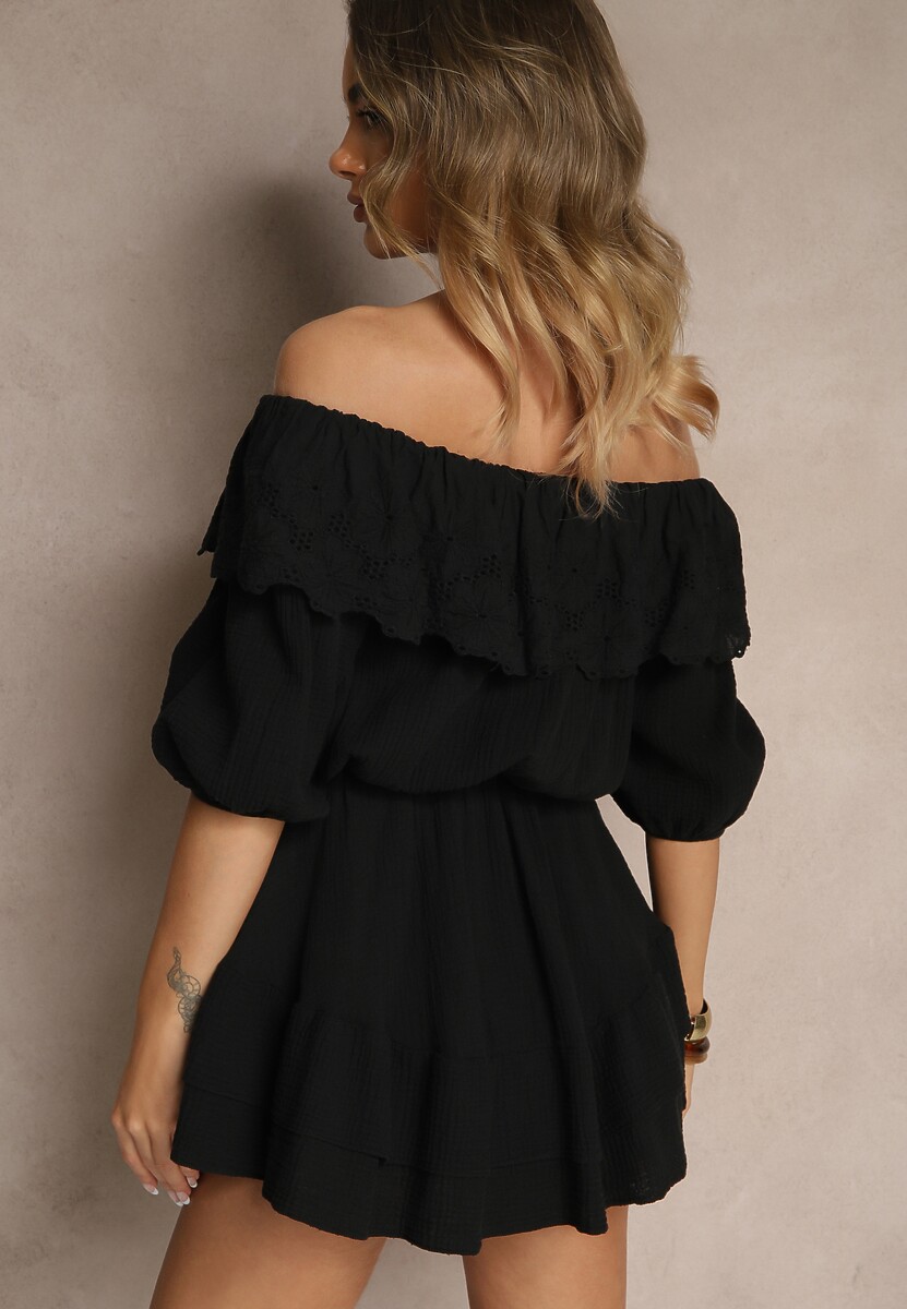 Czarna Sukienka z Bawełny Ozdobiona Ażurową Falbaną Ranisse