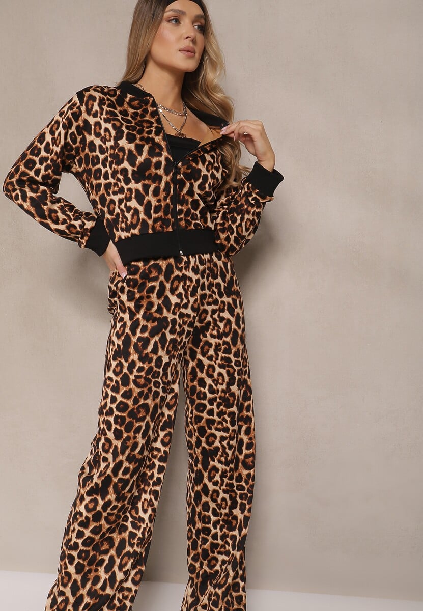 Szary Komplet Dresowy w Panterkowy Print Bluza i Spodnie o Szerokim Kroju Sonariela