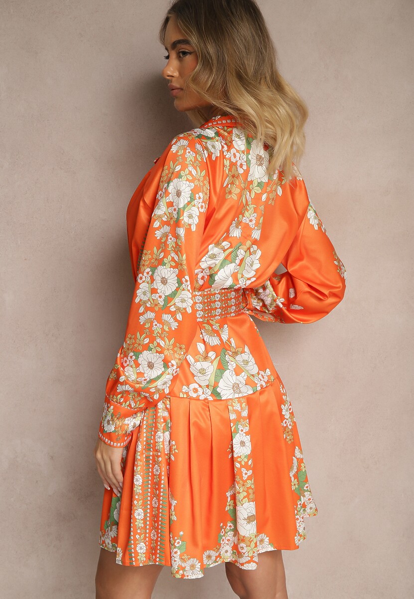 Pomarańczowa Sukienka w Kwiaty o Koszulowym Kroju z Paskiem Alanisia