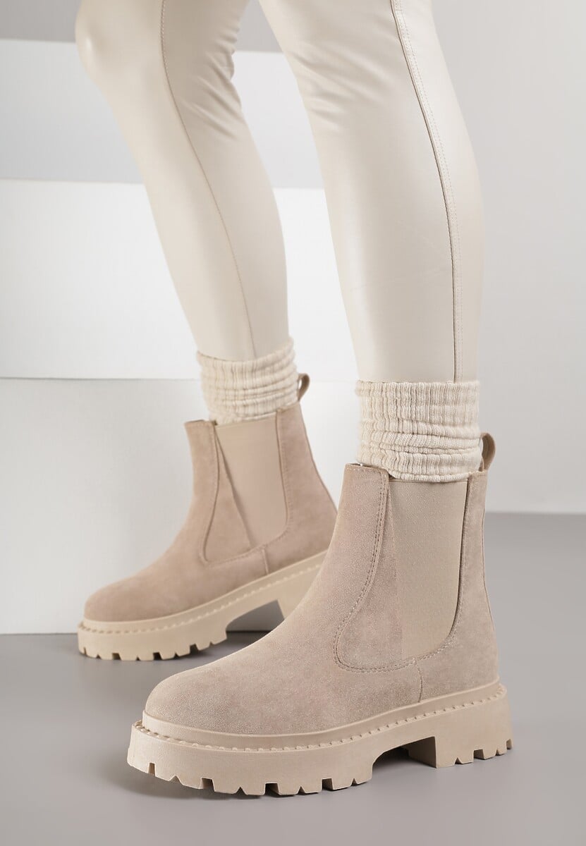 Beżowe Botki Sztyblety na Grubej Podeszwie Gosoga