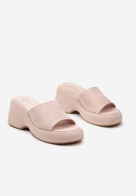 Różowe Jednolite Klapki z Szerokim Paskiem na Koturnie z Platformą Kaldira
