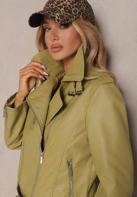 Jasnozielona Kurtka w Stylu Ramoneski z Paskiem z Regulacją i Asymetrycznym Suwakiem Braliona