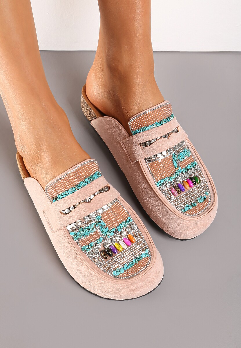 Różowe Klapki Mule z Koralikami na Zakrytym Nosku Aserhia