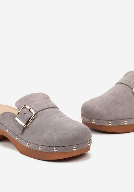 Szare Klapki Chodaki na Niskim Słupku z Nitami i Paskiem z Klamrą Anquia