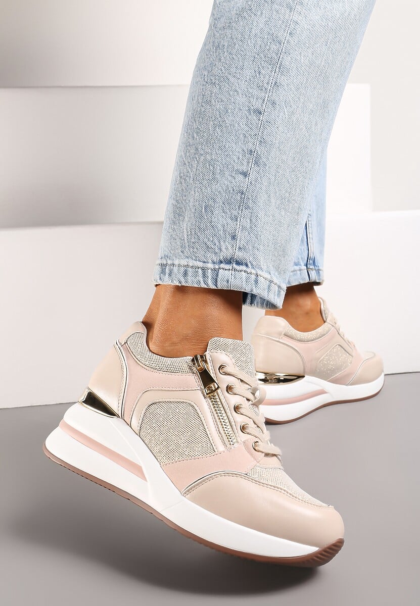 Beżowe Sneakersy na Koturnie Ozdobione Zamkiem Błyskawicznym i Metaliczną Wstawką Ellieti