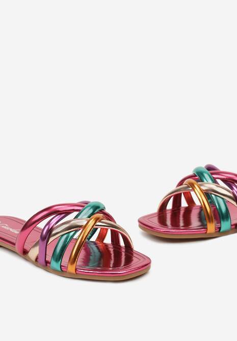Fuksjowe Płaskie Klapki Otwarte z Ozdobnymi Paskami Vemina
