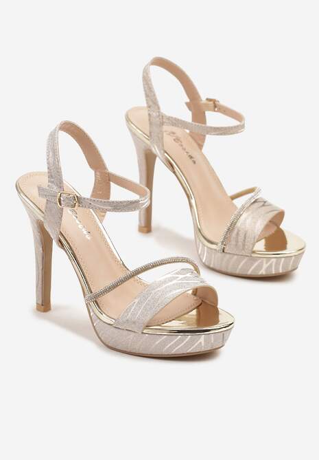 Złote Sandały z Wysoką Szpilką i Platformą Ozdobione Metalicznym Wzorem i Cyrkoniami Robinia