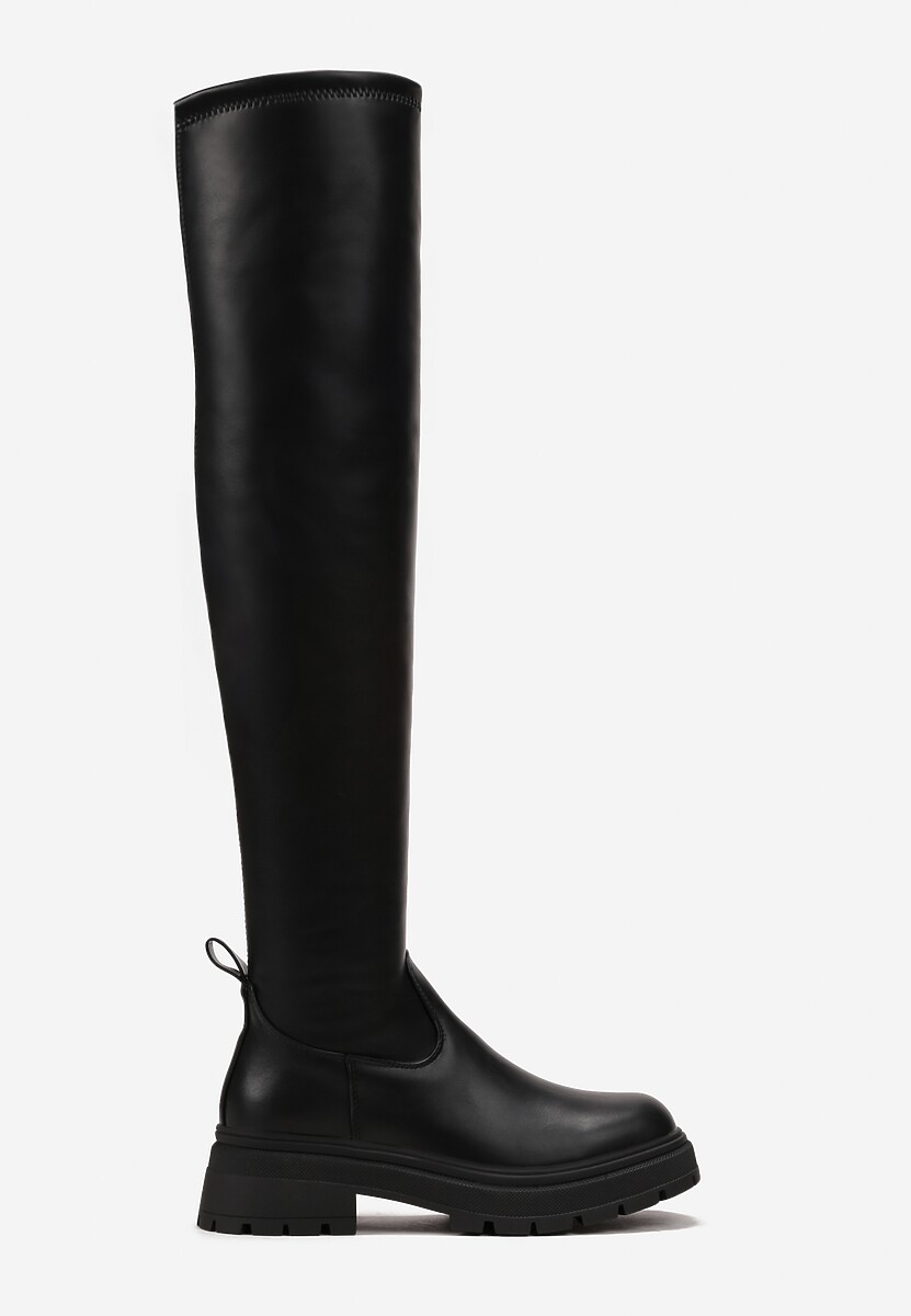 Czarne Kozaki Muszkieterki z Imitacji Skóry na Płaskiej Podeszwie Liridia