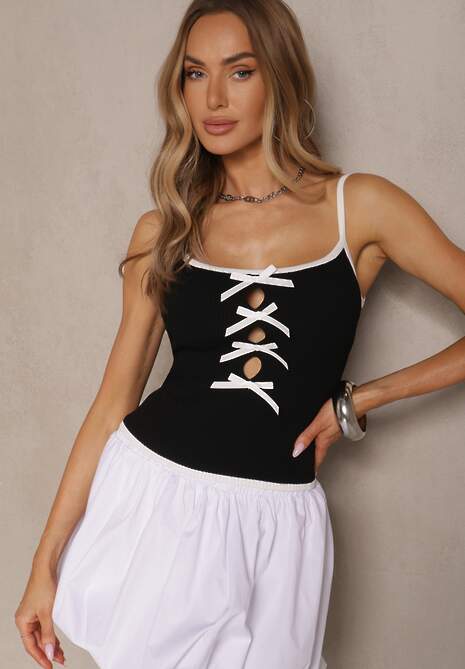 Czarny Top z Prążkowanego Materiału Ozdobiony Kokardami Lenissea