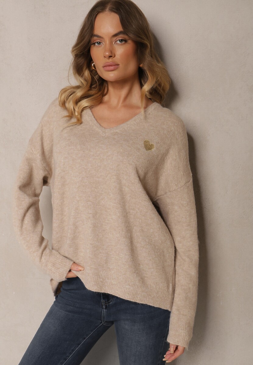 Ciemnobeżowy Sweter z Wełną i Dekoltem w Serek Ziviola