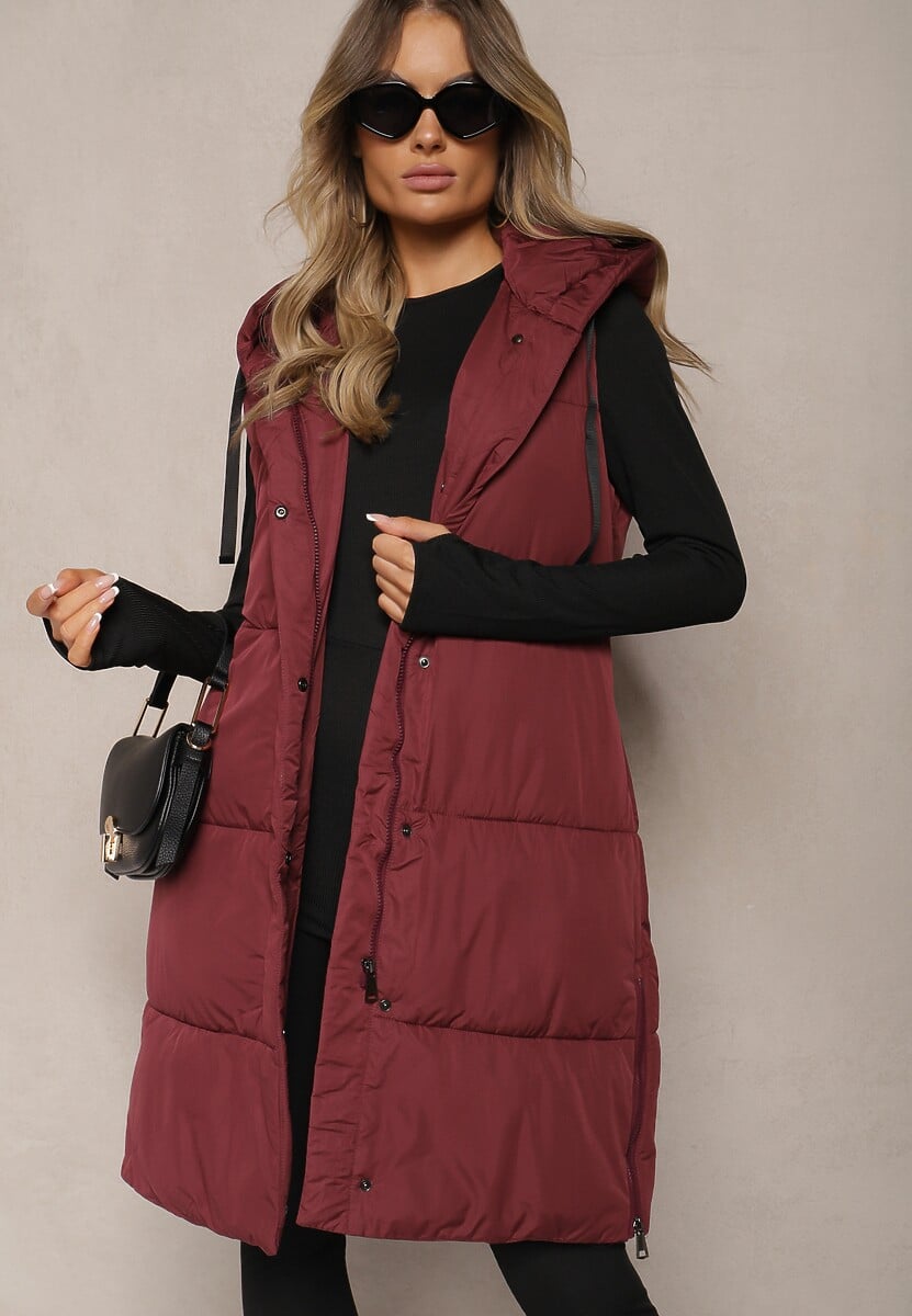 Czarna Kamizelka Pikowana Wykończona Kapturem i Sznurkami Quinaria