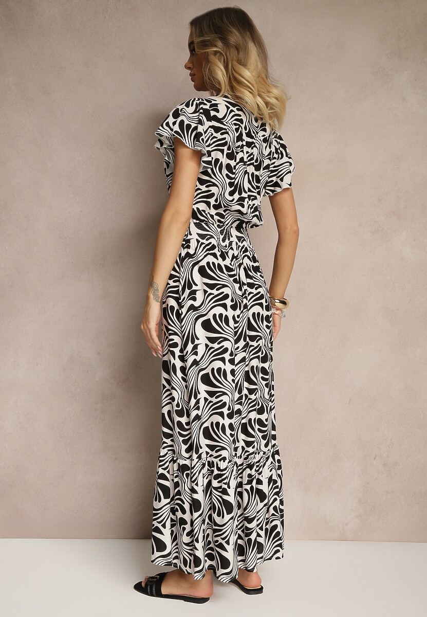 Czarna Kopertowa Sukienka z Ozdobną Falbanką w Kwiatowy Print Velmoi